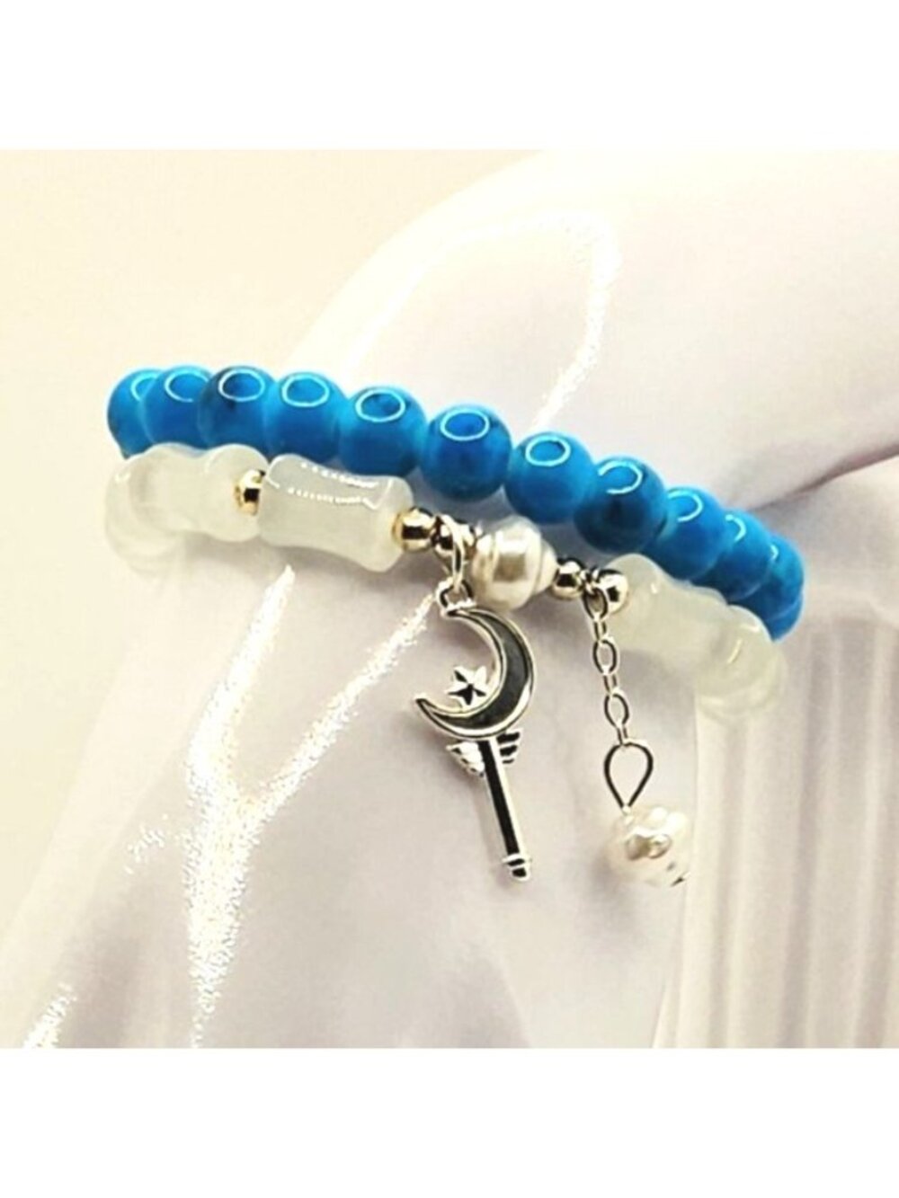 Blue Celestial Bracelet Stack, Moon Charm Bracelet, Coquette Jewelry, Layered